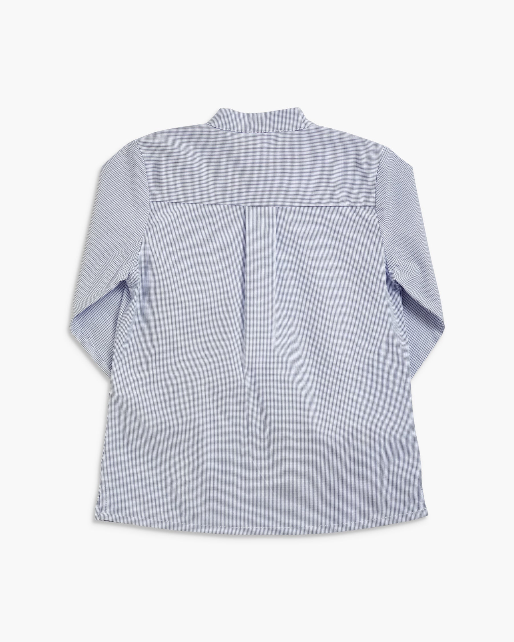 A light blue and white vertically striped long-sleeve shirt shown from the back, featuring a collar and a central back pleat, laid flat against a white background.