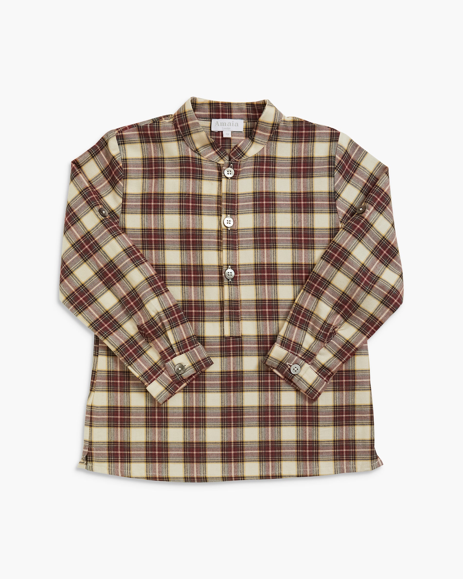 A long-sleeve plaid button-up shirt in beige and brown tones, laid flat against a light gray background.