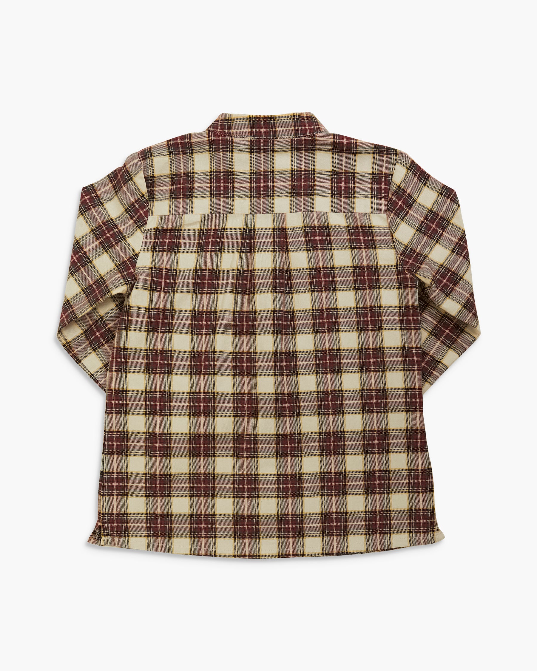 A long-sleeve plaid button-up shirt shown from the back, featuring a cream base with brown and dark red intersecting plaid lines, laid flat against a light gray background.