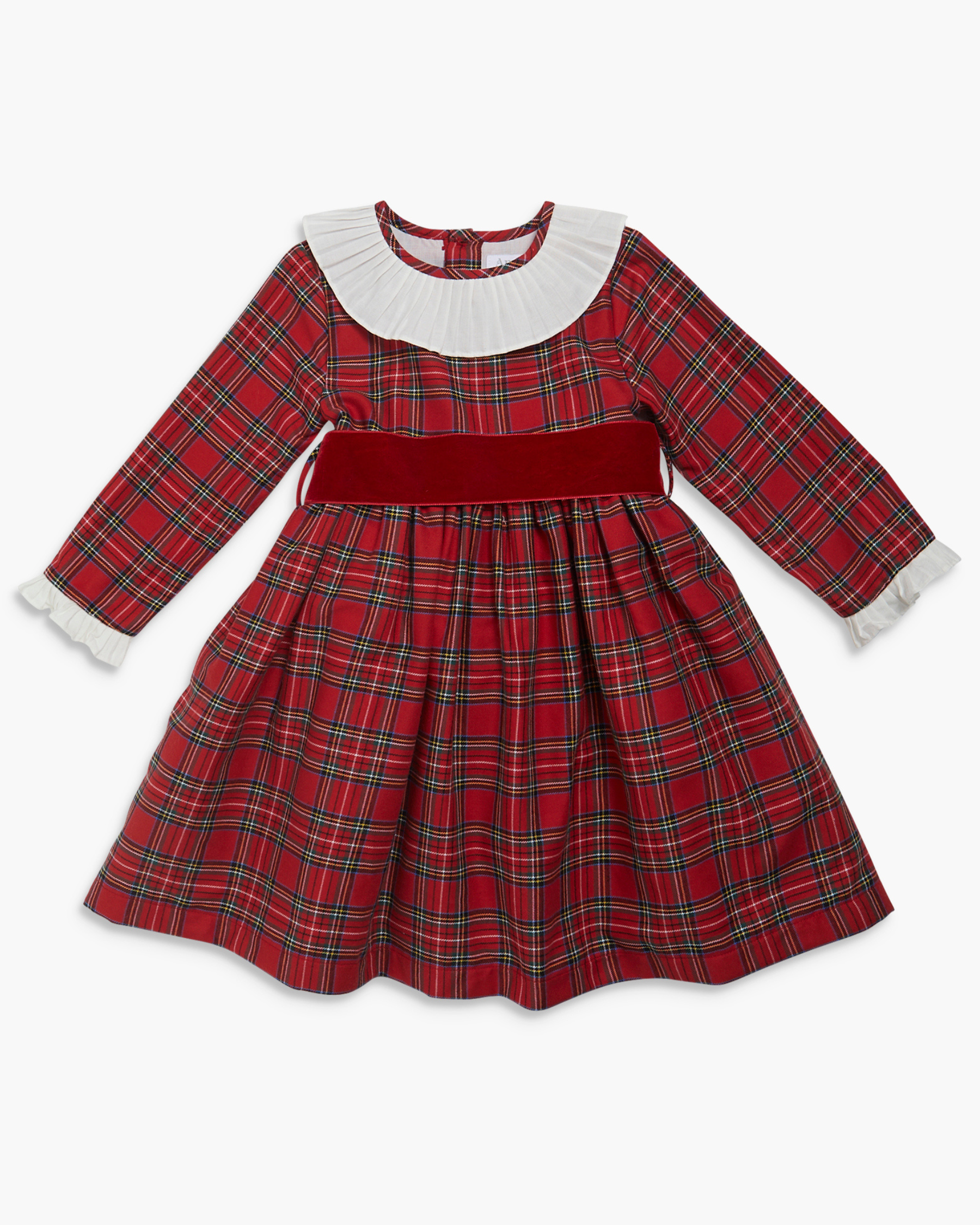 Red plaid dress with white collar on a white background