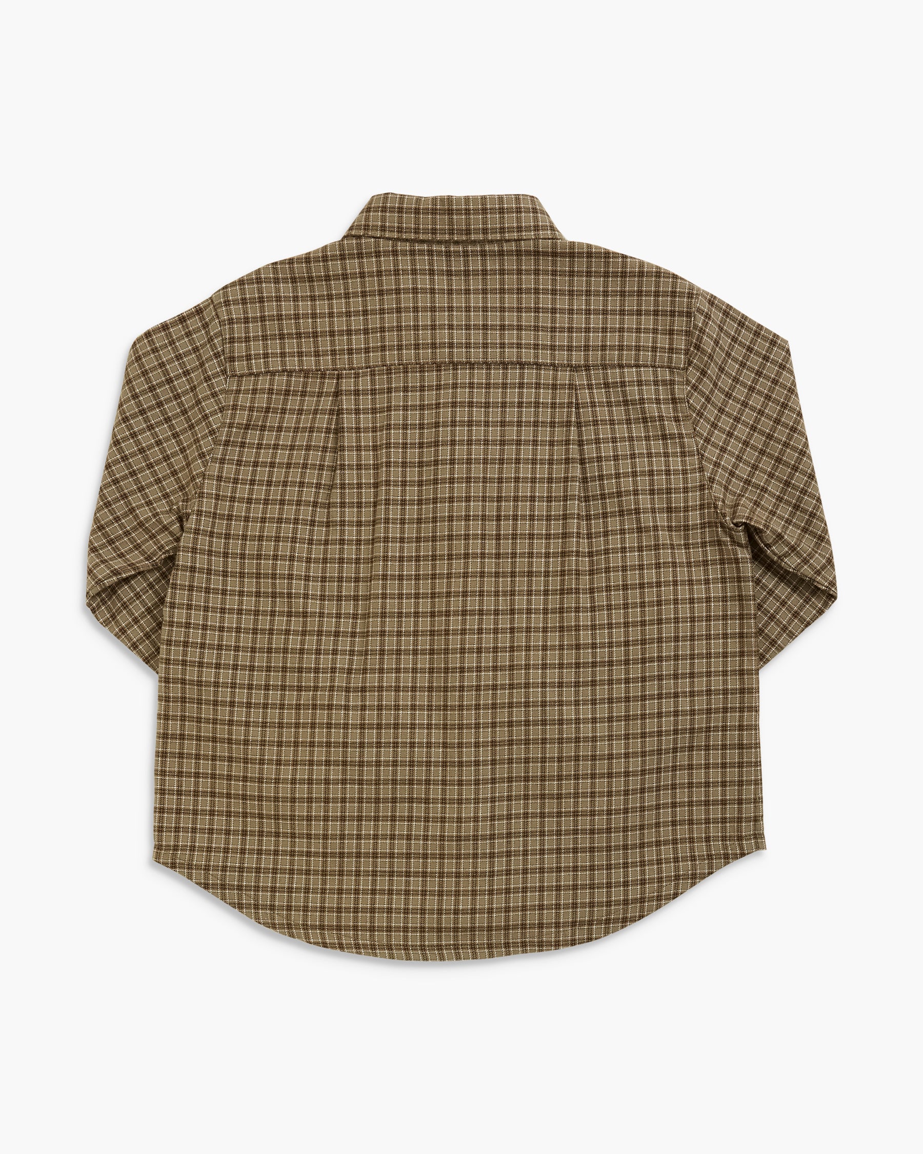 A long-sleeve button-up shirt with a brown and beige plaid pattern, shown from the back on a light gray background.