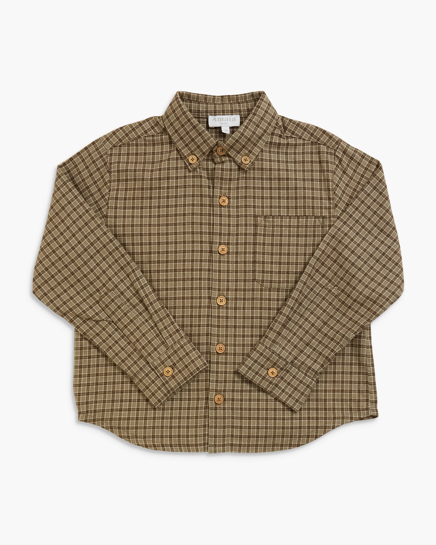 A long-sleeve button-down shirt for kids, featuring a brown and beige plaid pattern, laid flat on a light gray background.