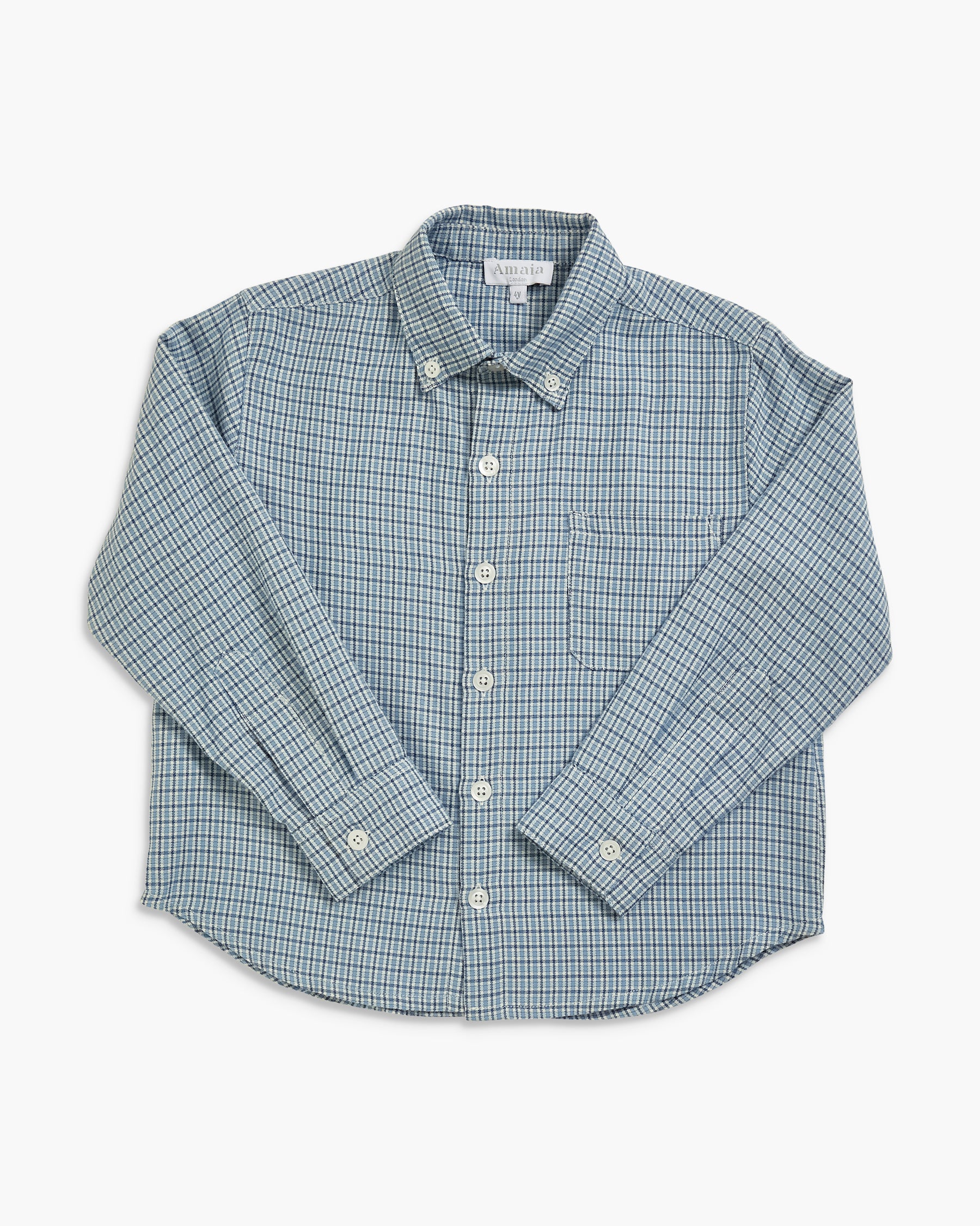 A long-sleeve button-down shirt with a fine blue and white checkered pattern, laid flat on a light gray background.
