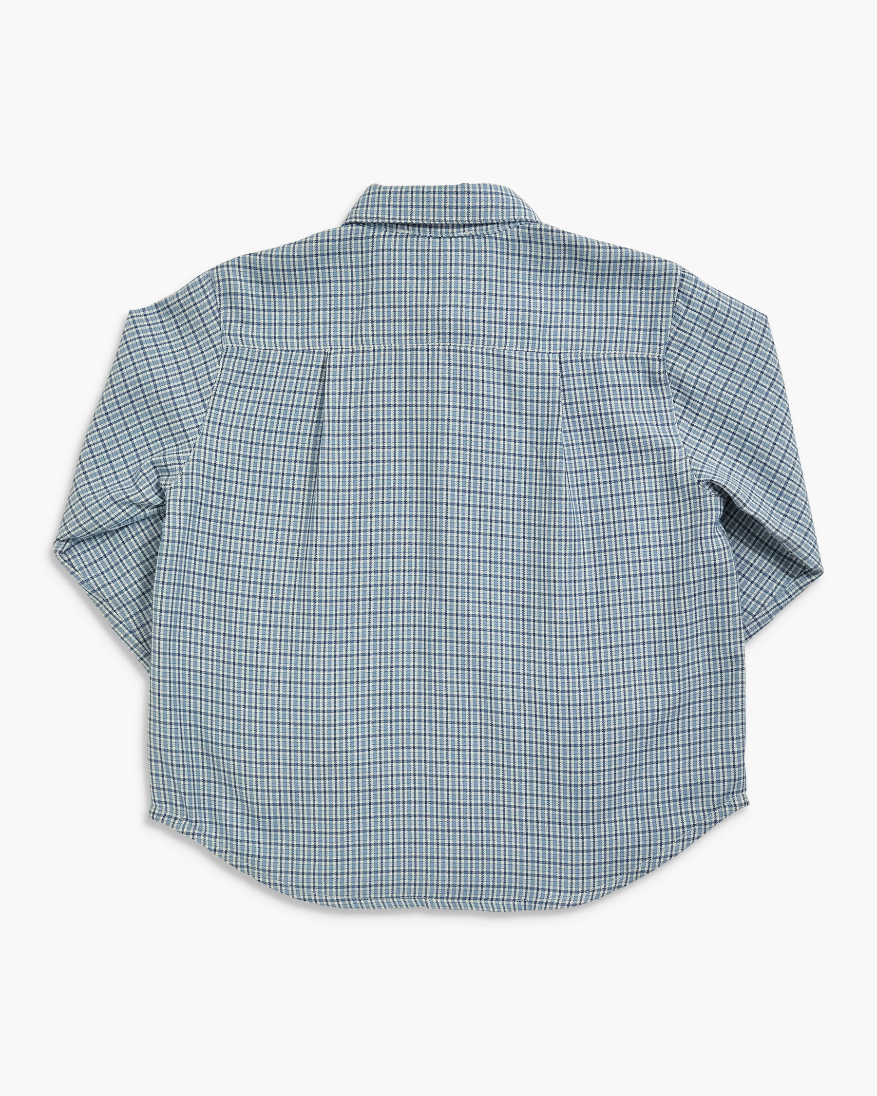A long-sleeve button-down shirt with a fine blue and white checkered pattern, shown from the back on a light gray background.