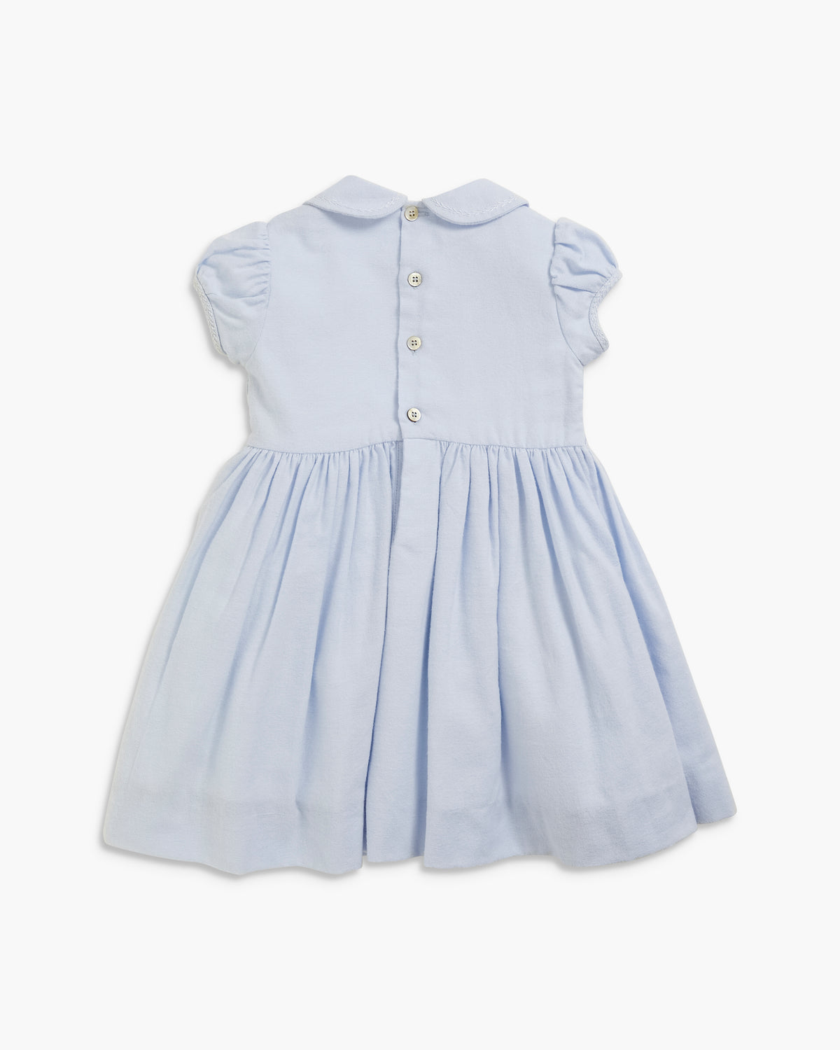 A light blue baby girl's dress with a Peter Pan collar, short puff sleeves, and a buttoned front, shown against a plain white background.