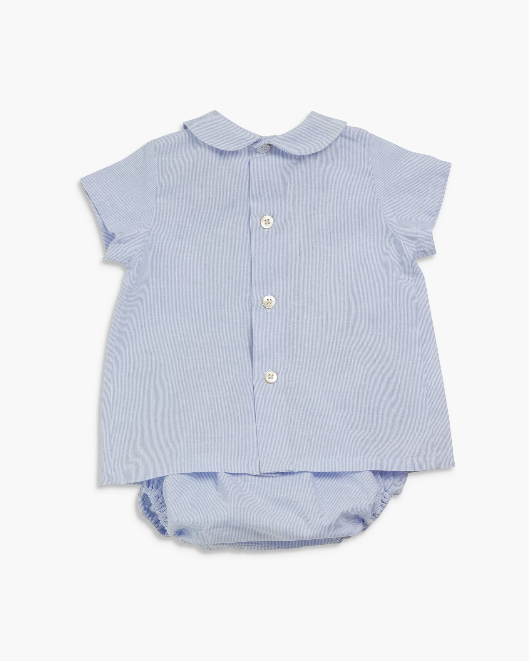 Light blue baby outfit with shirt and bloomers on a white background