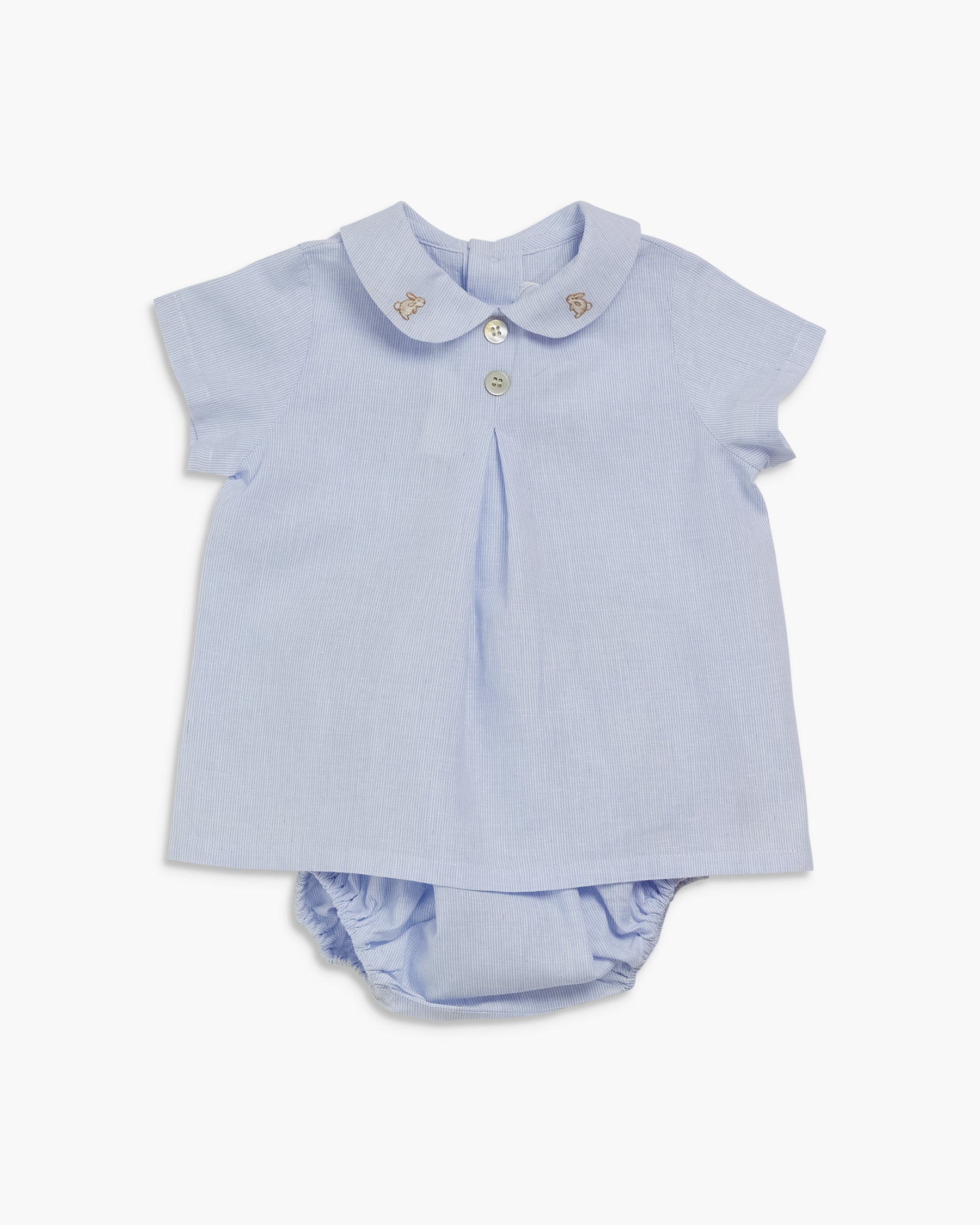 Light blue baby outfit with a shirt and bloomers on a white background
