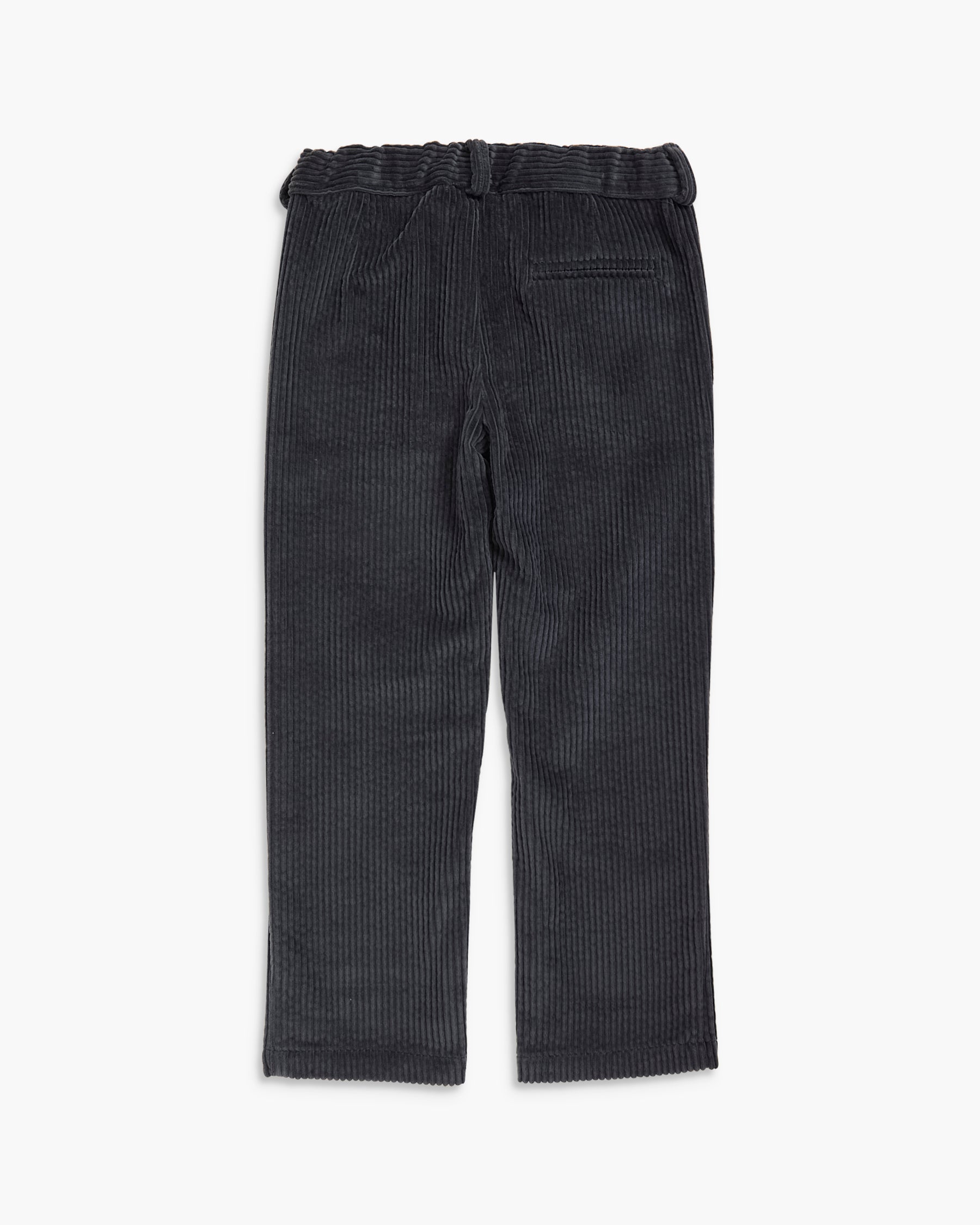 Dark charcoal gray corduroy pants with an elastic waistband, shown from the back on a light gray background.