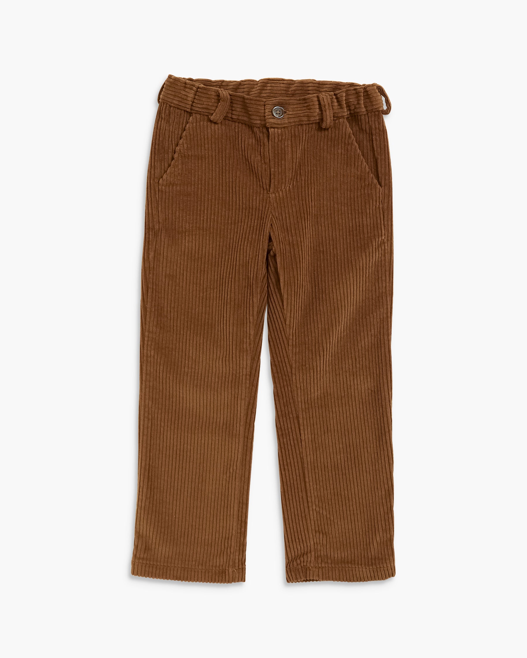 A pair of brown corduroy trousers for a child, featuring a button closure, belt loops, and front pockets, shown flat on a light gray background.