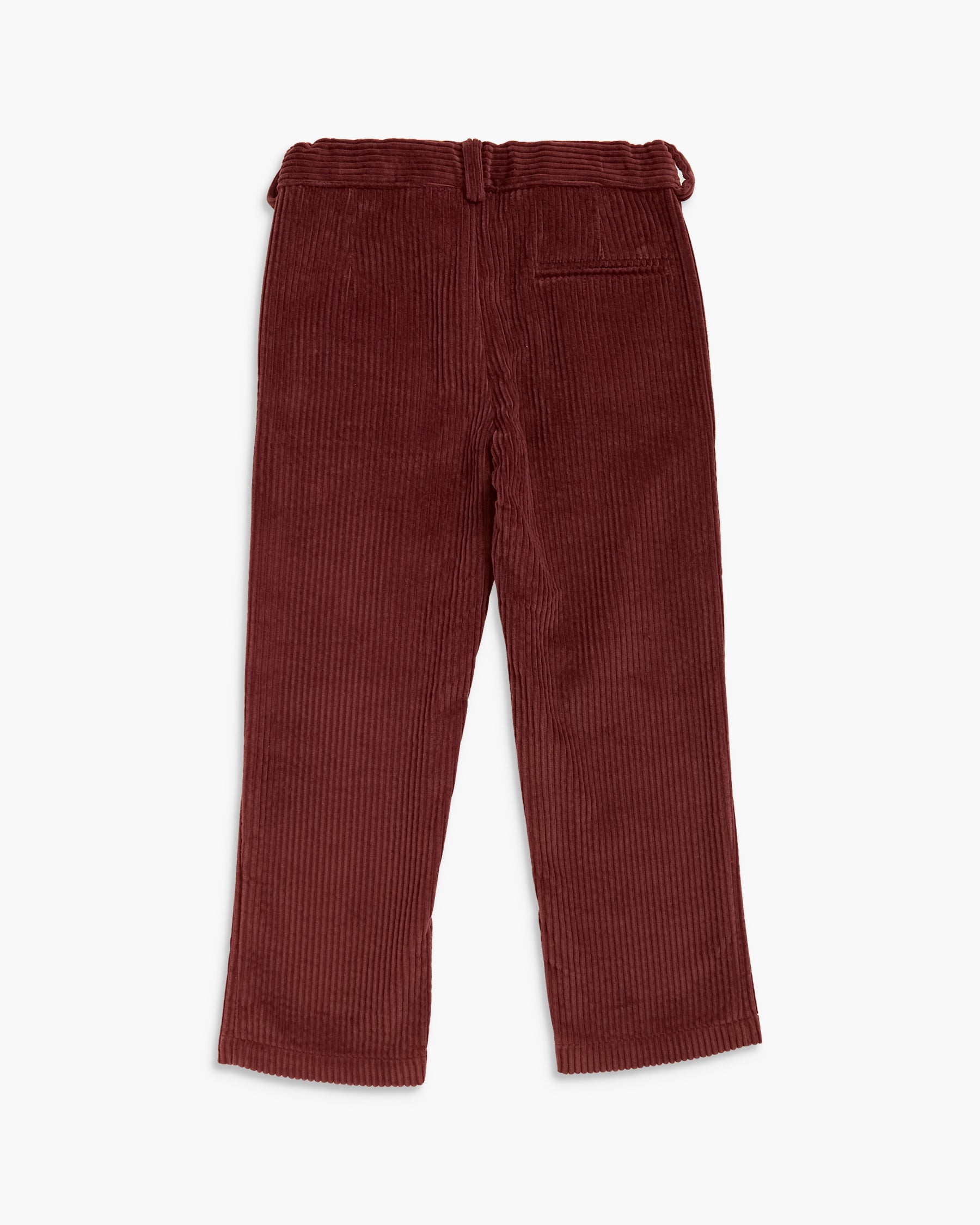 A pair of dark burgundy corduroy pants shown from the back, featuring a back waistband with drawstrings and a single welt pocket on the right side, laid flat against a light gray background.