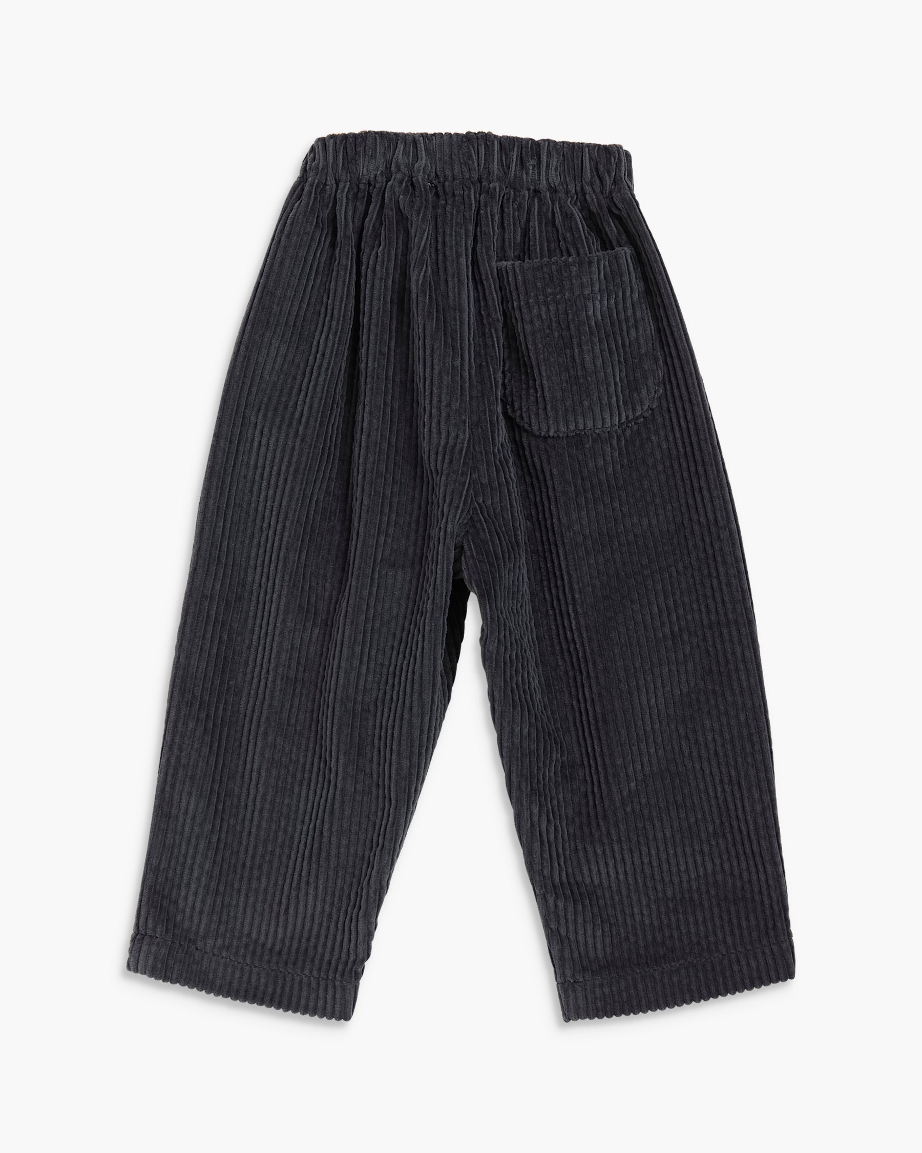 Dark charcoal corduroy pants with an elastic waistband and a side pocket, shown flat on a light gray background.