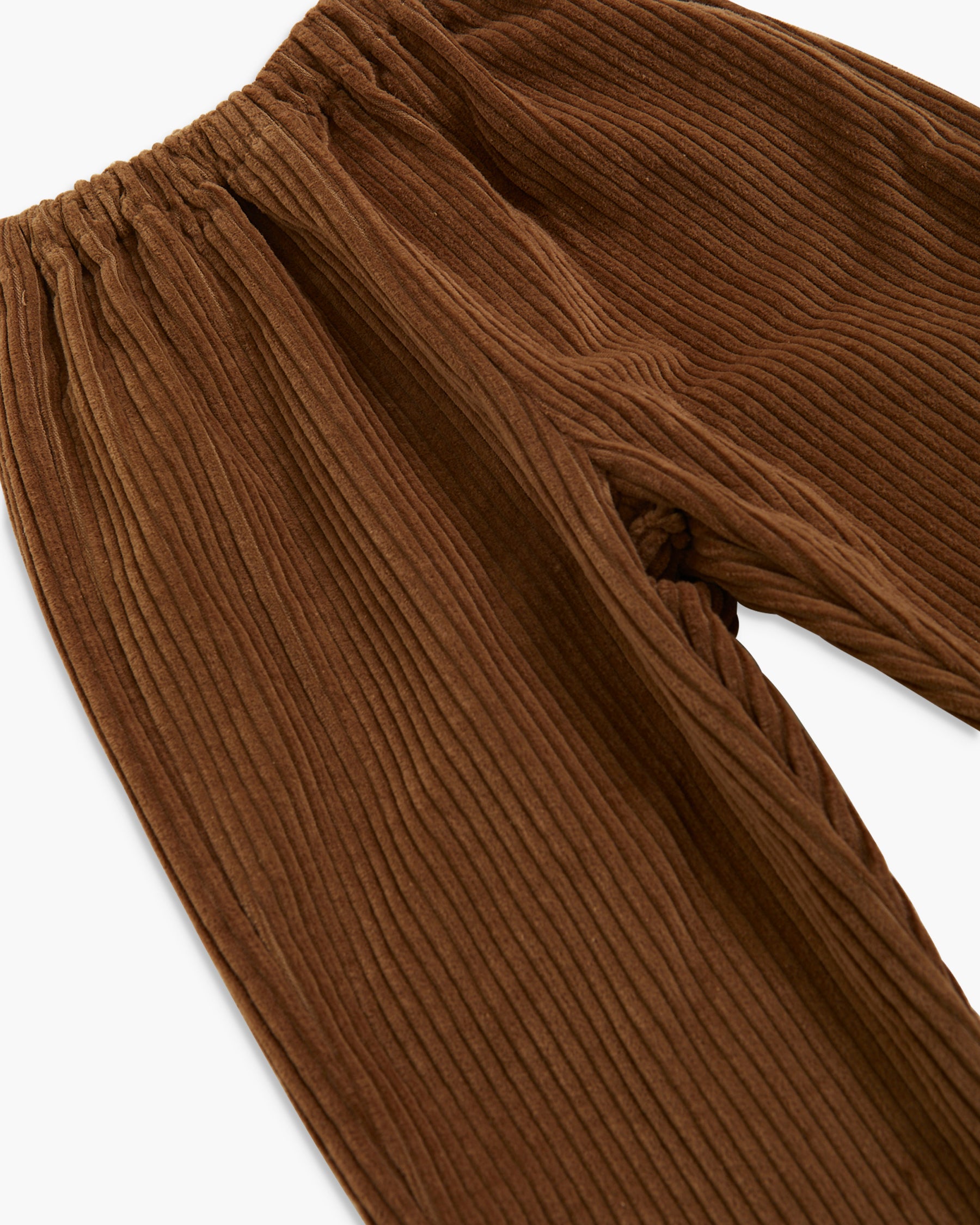Close-up of brown corduroy pants showing the ribbed fabric texture and elastic waistband on a white background.