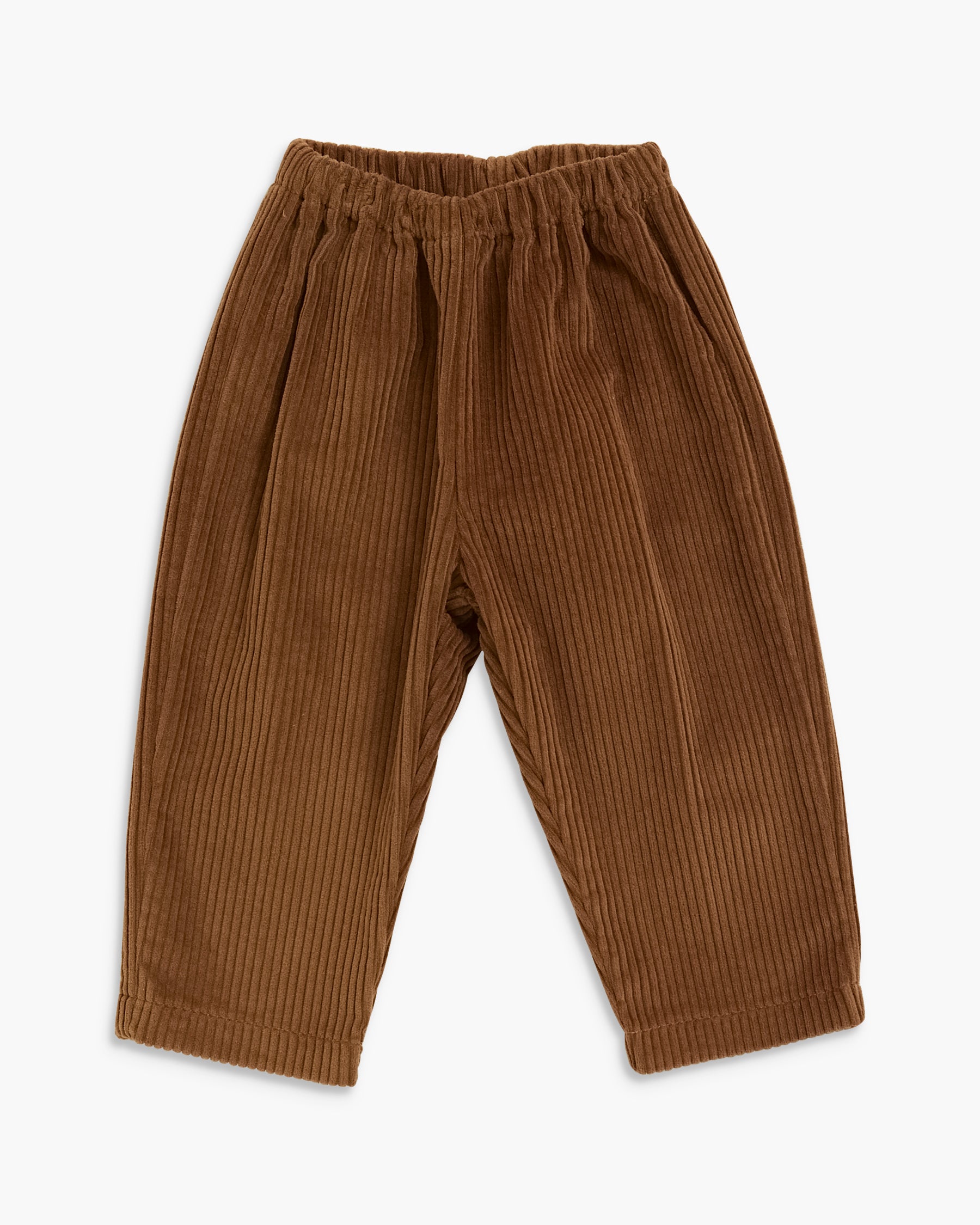 A pair of brown corduroy pants with an elastic waistband, laid flat against a light off-white background.