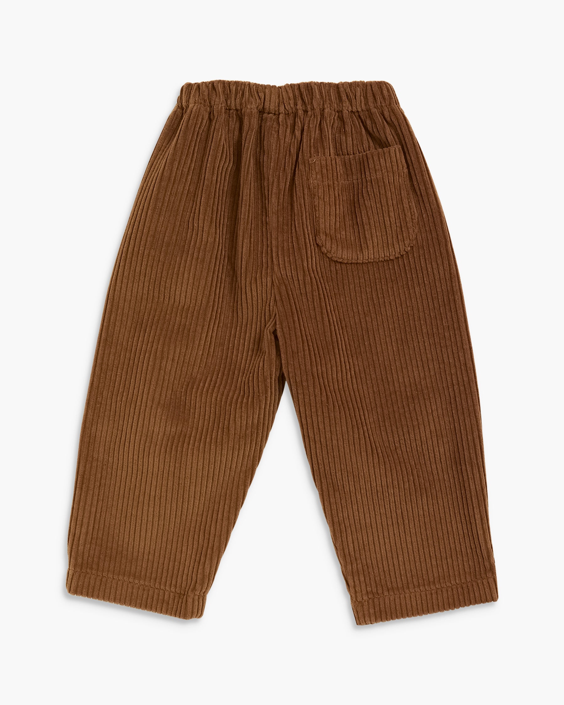 A pair of brown corduroy pants for toddlers, featuring an elastic waistband, a side pocket, and ribbed cuffs, shown against a plain white background.