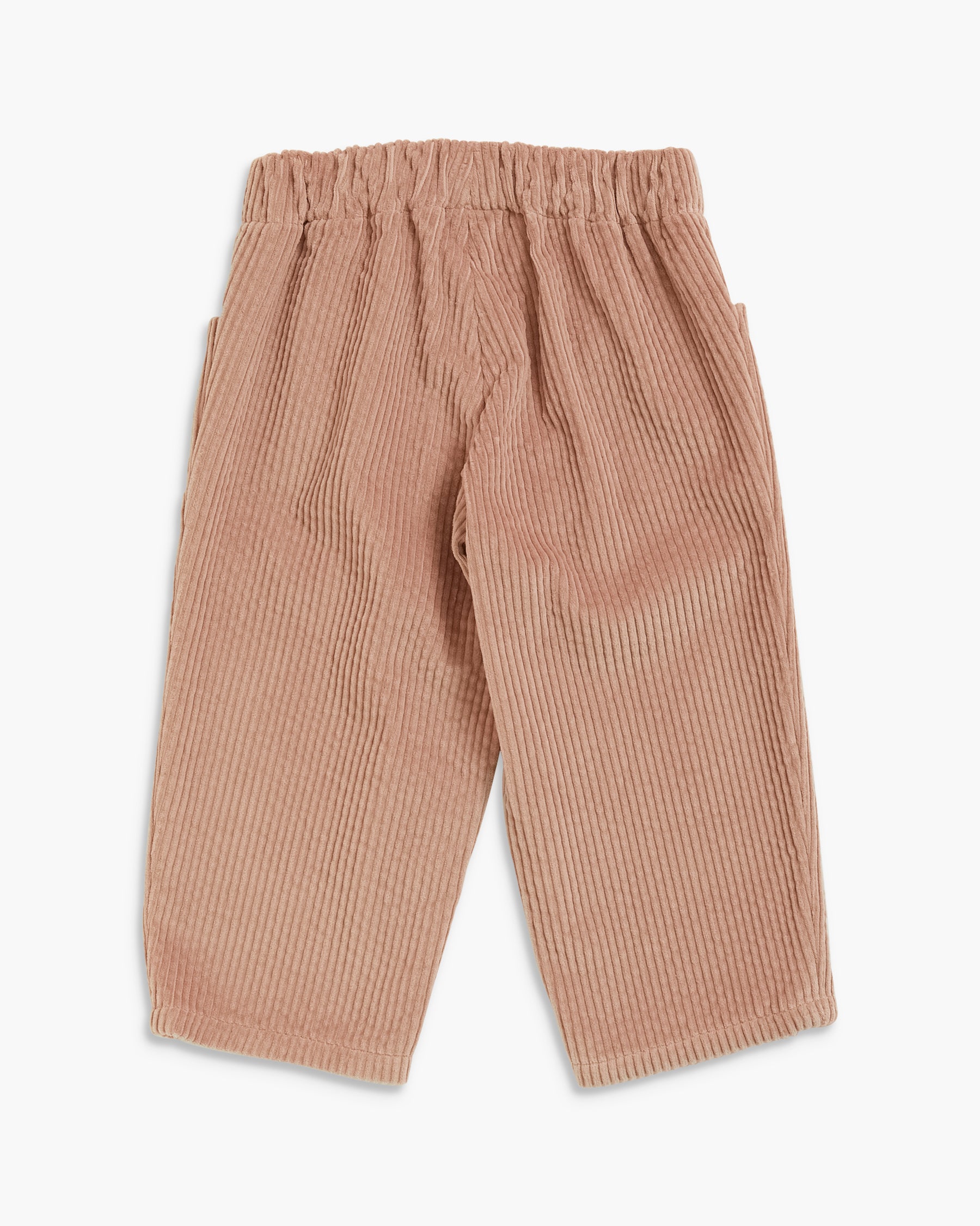 A pair of toddler's corduroy pants in a warm tan or light brown color, featuring an elastic waistband and side pockets, shown against a plain light gray background.