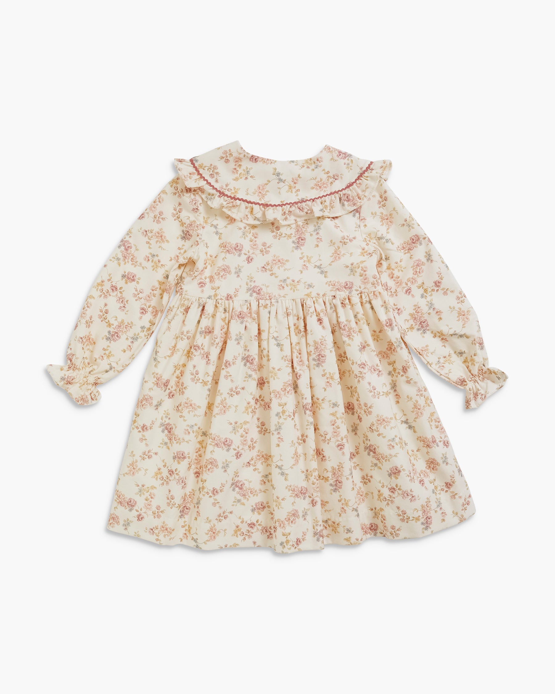 A long-sleeve baby dress with a delicate pink and green floral print on a cream background, featuring a ruffled collar and ruffled cuffs, shown flat on a light gray background.