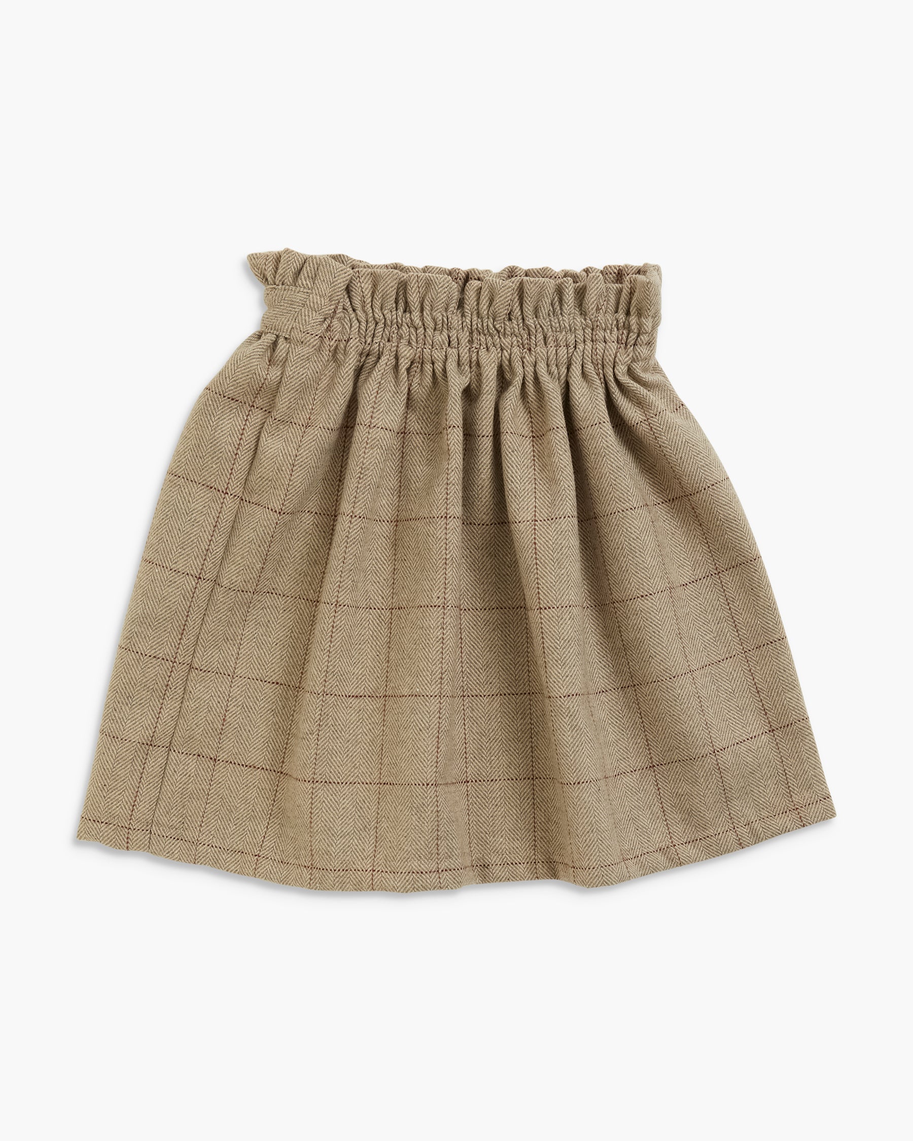 A children's pleated skirt in a beige windowpane plaid fabric, featuring a gathered elastic waistband, shown against a plain white background.