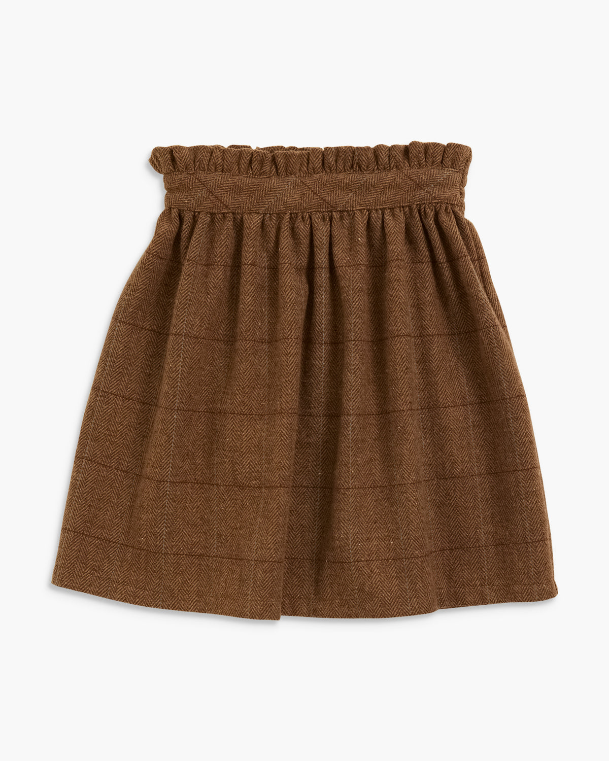 A brown textured skirt with a subtle windowpane plaid pattern and a gathered elastic waistband, shown flat against a light gray background.