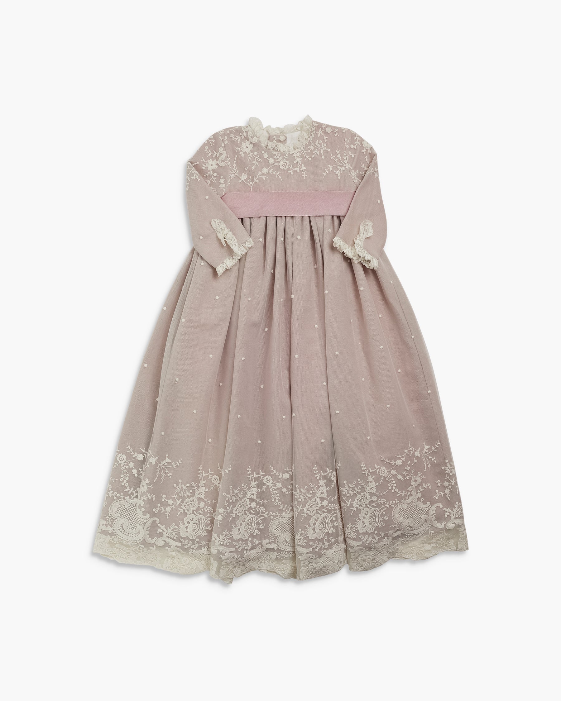 Strapless dress with floral lace details on a white background